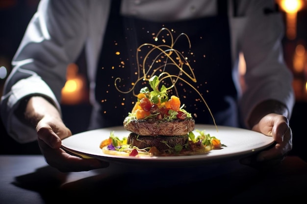 Uno chef tiene in mano un piatto di cibo con sopra l'immagine di un alimento.