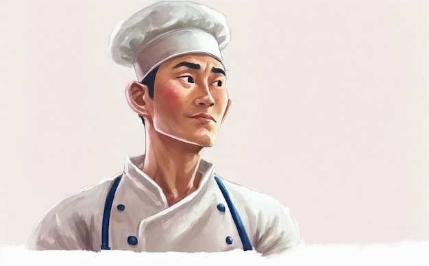 uno chef uomo asiatico disegnato su sfondo bianco illustrazioni ristorante acquerello ai generato