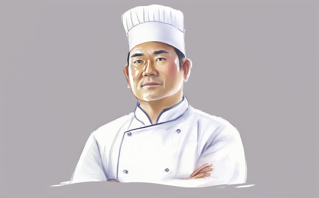 uno chef uomo asiatico disegnato su sfondo bianco illustrazioni ristorante acquerello ai generato