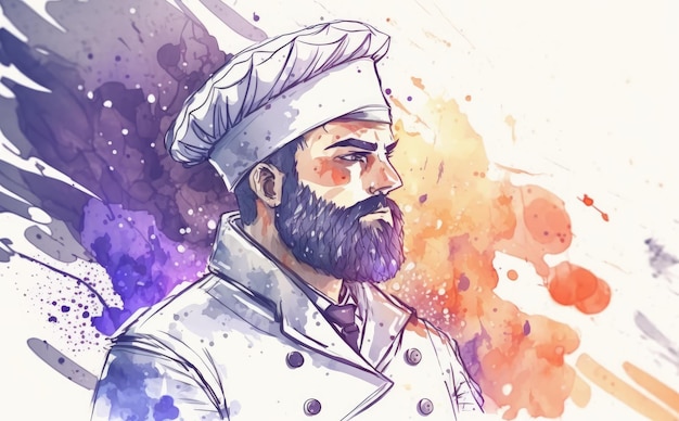 uno chef uomo disegnato su sfondo bianco acquerello ristorante illustrazioni ai generate