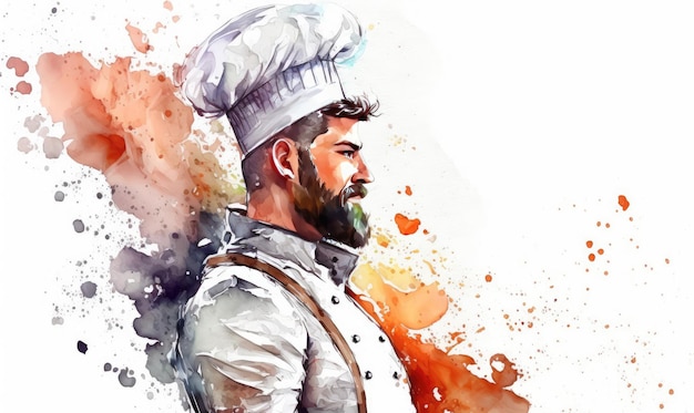 uno chef uomo disegnato su sfondo bianco acquerello ristorante illustrazioni ai generate