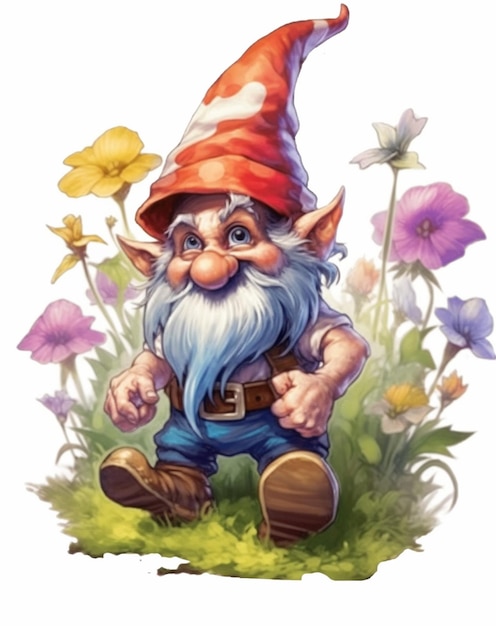 Uno gnomo cartone animato con un cappello rosso e pantaloni blu in piedi nell'erba generativa ai
