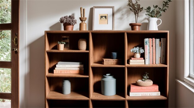 Uno scaffale con sopra libri e piante