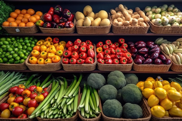 Uno scaffale di frutta e verdura in ceste