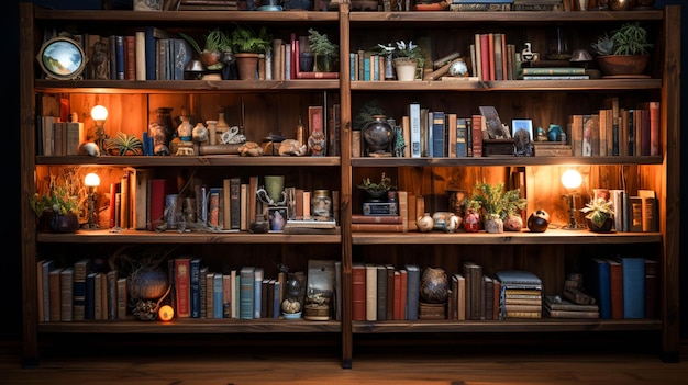 Uno scaffale di libri con libri su di esso in una stanza della biblioteca