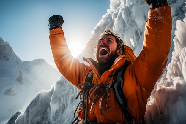 Uno scalatore esultante celebra l'ascesa riuscita in cima a un'imponente cascata ghiacciata