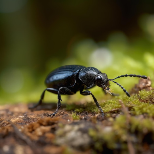 Uno scarabeo nero è su un pezzo di legno con sopra del muschio.