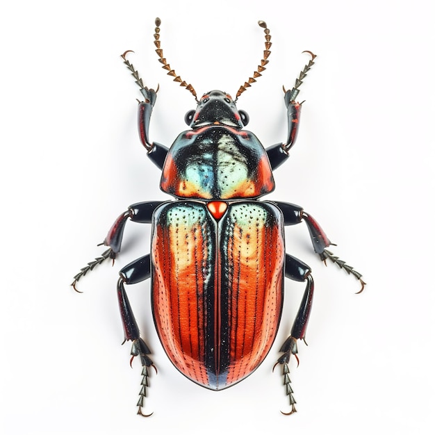 Uno scarabeo rosso e nero con una striscia nera e arancione.