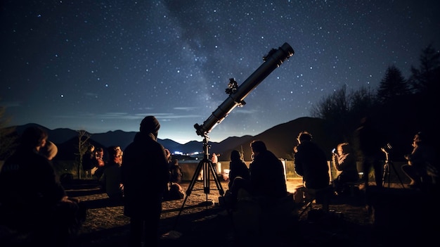 Uno scatto accattivante di persone che osservano il cielo notturno con i telescopi