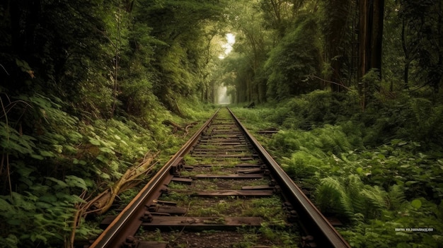 Uno scatto accattivante di un binario ferroviario invaso dalla vegetazione