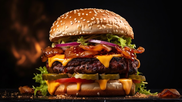 uno scatto estremo del primo piano di una fotografia di cibo succulento e delizioso di hamburger