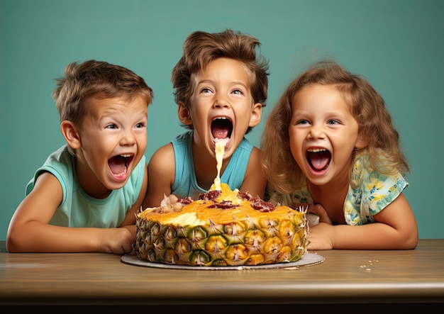 Uno scatto giocoso di bambini che si godono la torta rovesciata all'ananas