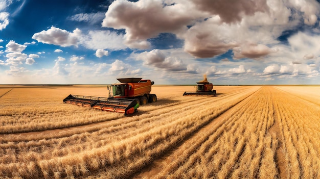 Uno scatto grandangolare che contrasta con i campi di grano raccolti e non raccolti con particolare attenzione alle trame e ai macchinari