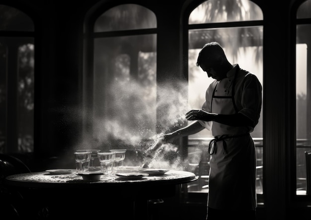 Uno scatto in bianco e nero della sagoma di uno chef sullo sfondo di una finestra luminosa mentre si spruzza delicatamente p