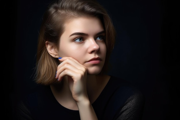 Uno scatto in studio di una bellissima giovane donna con la mano sul mento