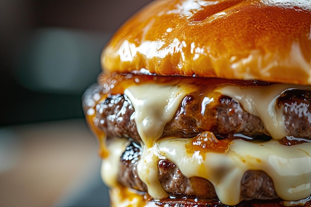 Uno scatto macro di un delizioso cheeseburger con ketchup al formaggio fuso e un panino di semi di sesamo tostato