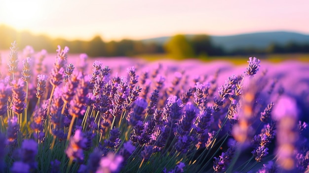 Uno scatto visivamente accattivante di un campo di lavanda che simboleggia il relax e l'aromaterapia