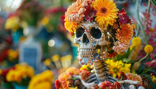 Uno scheletro adornato di fiori e gioielli per mostrare la bellezza nella forza uno scheletro indossa