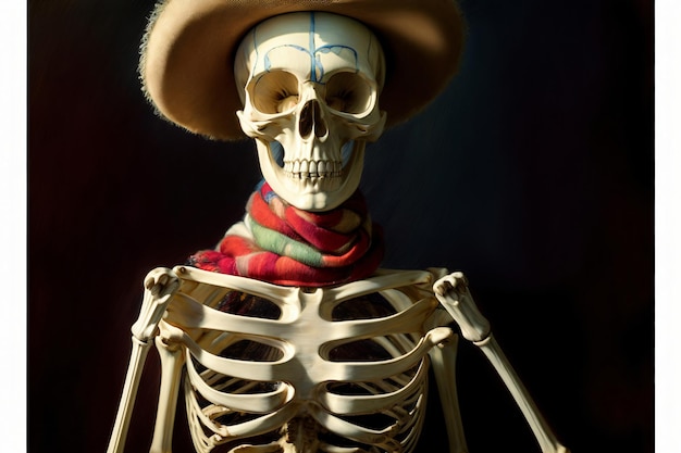 Uno scheletro che indossa un cappello e una sciarpa