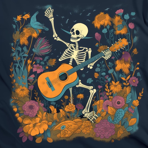 Uno scheletro che suona la chitarra t shirt design immagine AI generativa