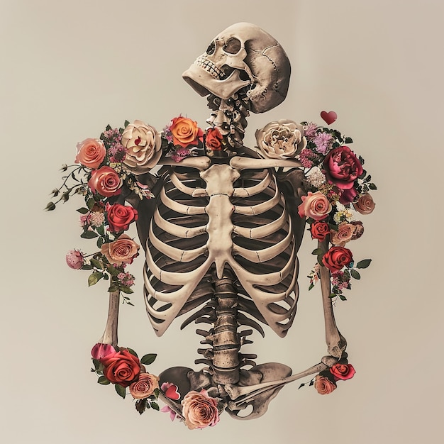 uno scheletro con una ghirlanda di fiori su di esso che dice scheletro