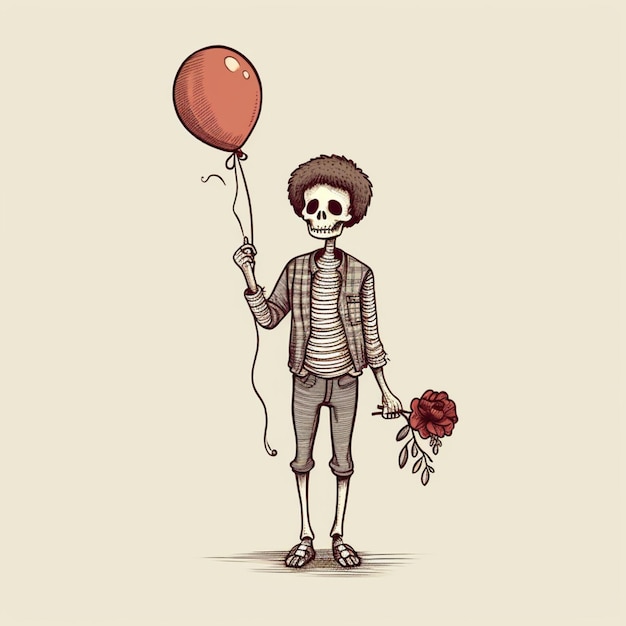 Uno scheletro di cartone animato che tiene un palloncino rosso e una rosa ai generativa