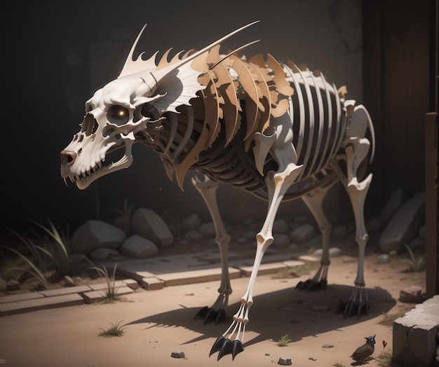 Uno scheletro di uno scheletro con una criniera e una coda appuntite.