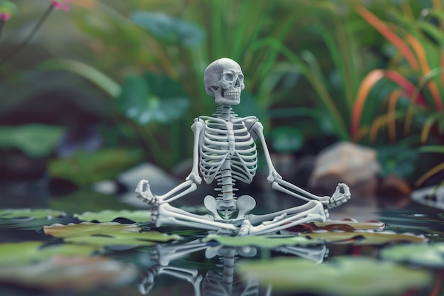 Uno scheletro è seduto in uno stagno a meditare