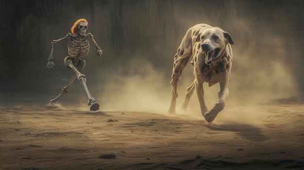 Uno scheletro e un cane zombie