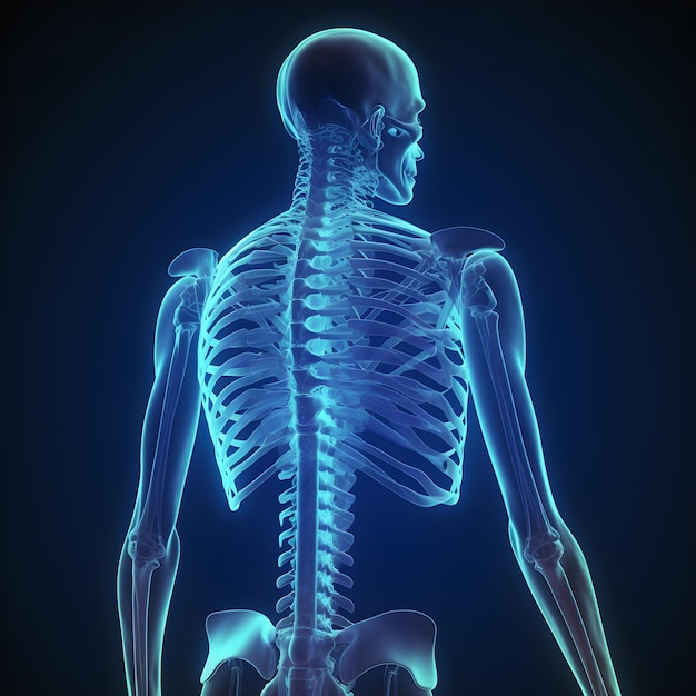 Uno scheletro illuminato di blu con la parte posteriore della spina dorsale in blu.