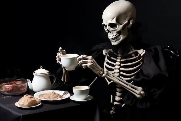Uno scheletro in grembiule sta facendo un caffè caldo con una tazza di caffè