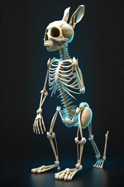 Uno scheletro in luce blu è in piedi su uno sfondo nero.