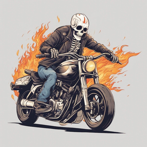 uno scheletro in sella a una moto che indossa una giacca e jeans con un disegno vettoriale di maglietta antincendio pronto