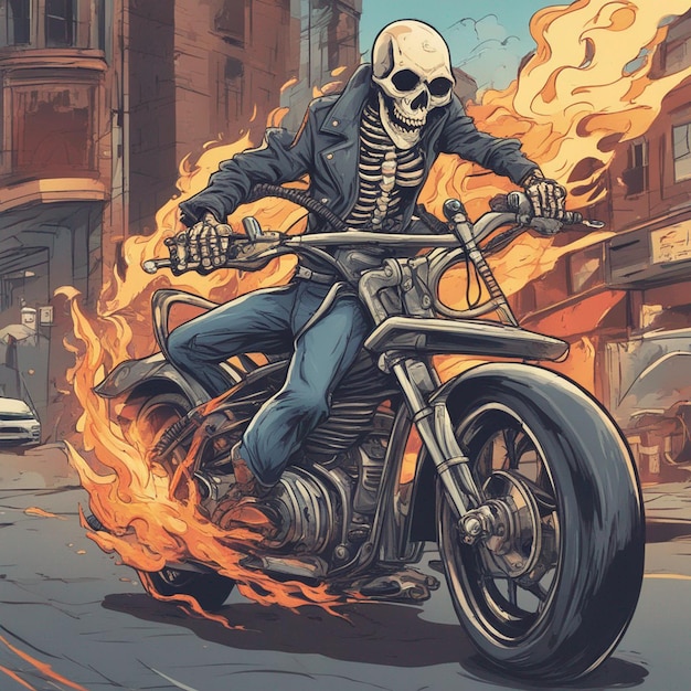 uno scheletro in sella a una moto che indossa una giacca e jeans con un disegno vettoriale di maglietta antincendio pronto
