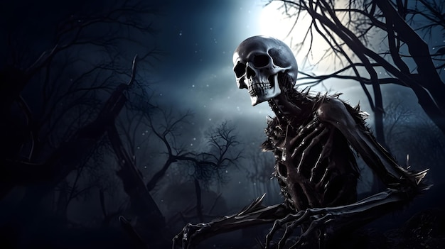 Uno scheletro in una foresta oscura con una luna piena sullo sfondo.