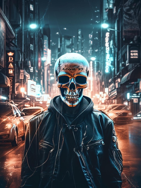 Uno scheletro in una giacca di pelle e un cowboy in piedi su una strada notturna illuminata generazione AI della città