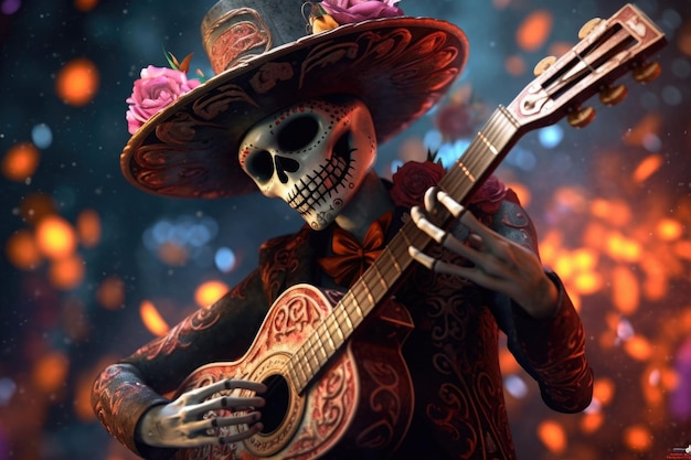 Uno scheletro mariachi che suona la chitarra L'illustrazione dell'IA generativa in stile Day of the Dead