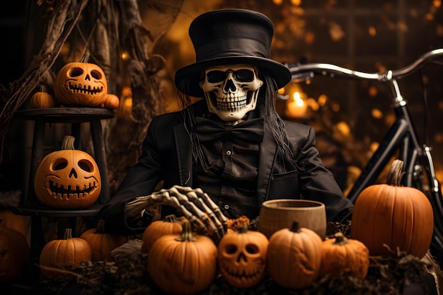 Uno scheletro meraviglioso in abito con una bicicletta Spaventosa stagione di Halloween Decorazioni di zucca del cranio