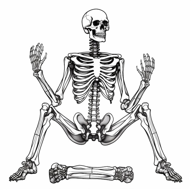 uno scheletro seduto a terra con le braccia incrociate generative ai