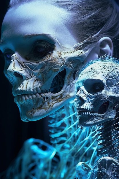 Uno scheletro umano con una luce blu dietro di lei.
