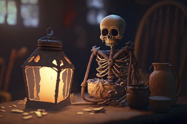 Uno scheletro una lampada e un sacchetto di carta