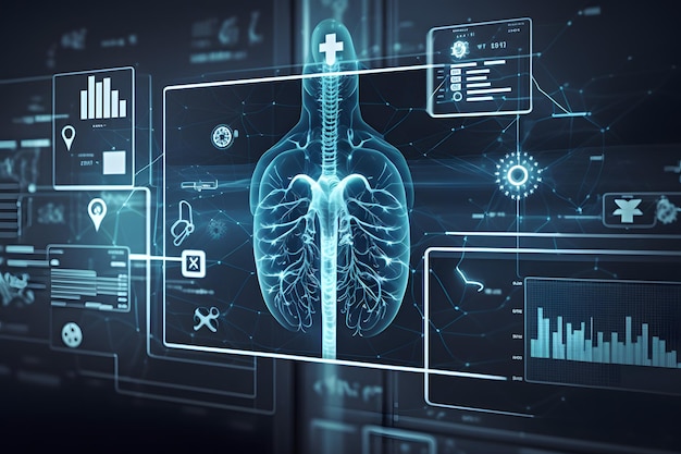 Uno schermo con un diagramma di un corpo umano con sopra la parola polmone