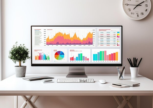 uno schermo latpop che mostra un dashboard di analisi dei dati su una scrivania molto spazio bianco m