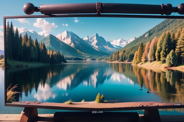 Uno schermo televisivo mostra un lago e montagne sullo sfondo.