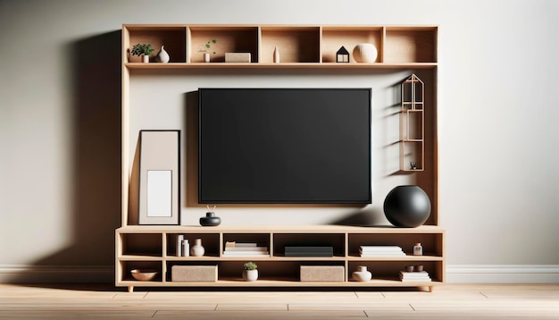 Uno schermo televisivo nero vuoto su uno scaffale di legno con oggetti decorativi contro una parete neutrale ideale per i modelli di prodotti AI generativa