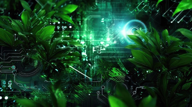 Uno schermo verde con una pianta e un circuito sullo sfondo