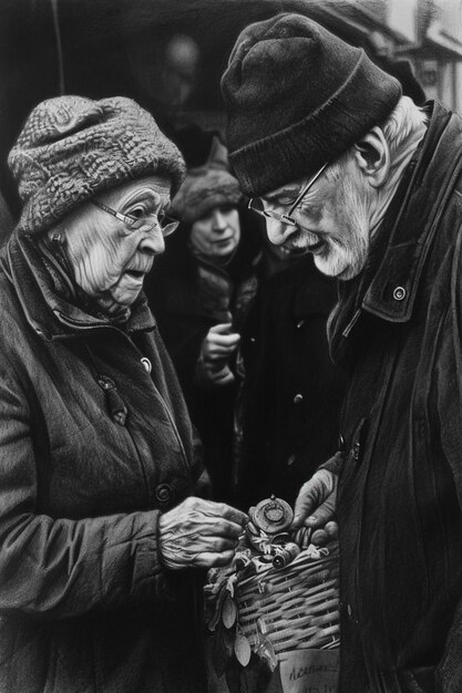 Uno schizzo a carbone di una coppia di anziani che si scambiano gioielli Martisor