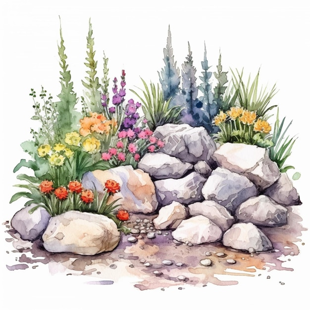 Uno schizzo di un giardino con rocce e fiori.