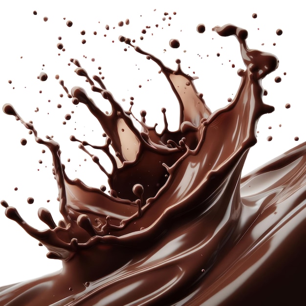 Uno schizzo dinamico di latte al cioccolato su uno sfondo bianco che forma una forma a corona con goccioline