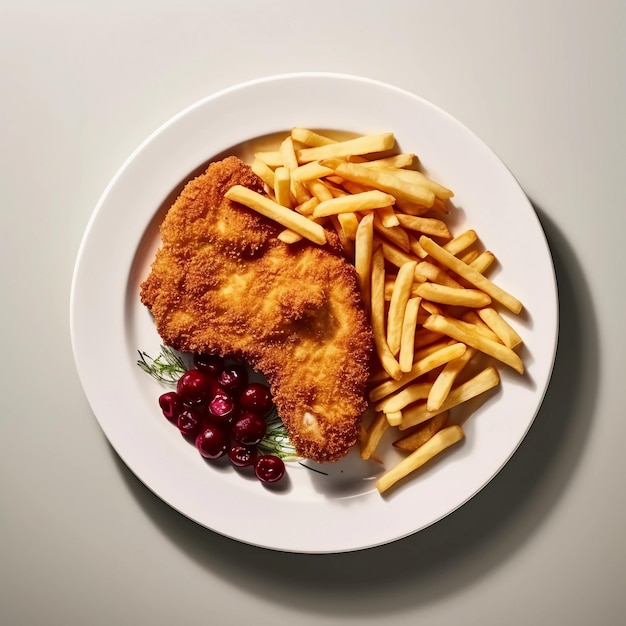 uno schnitzel Wiener originale con patatine fritte e mirtilli